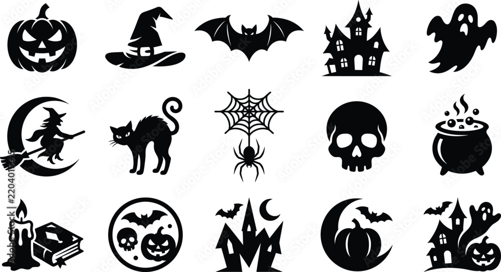 Fototapeta premium Halloween silhouette icons set with pumpkin witch bat haunted house ghost and spooky party elements