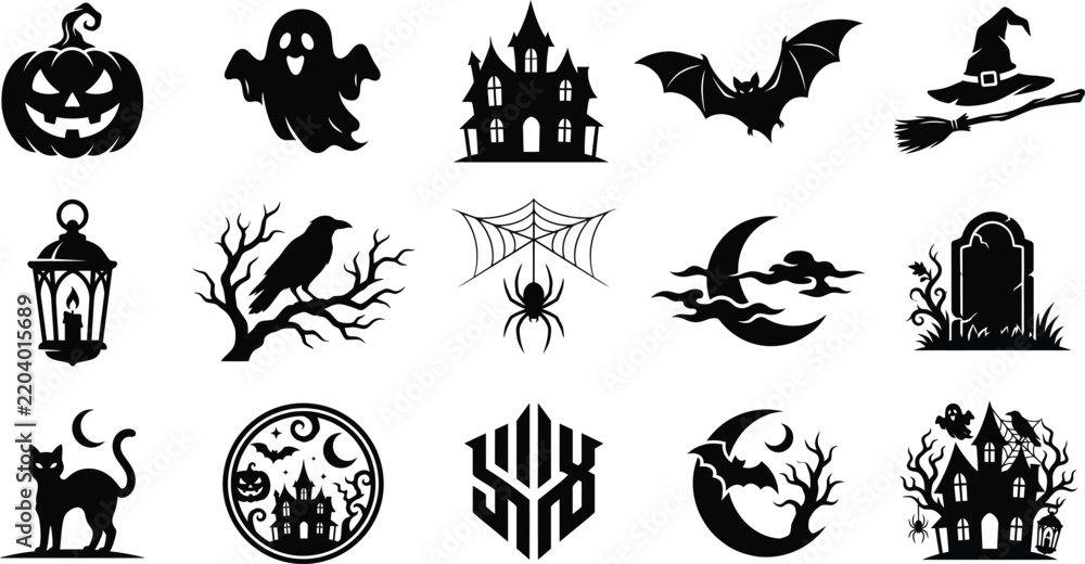Fototapeta premium Halloween silhouette icons set with spooky pumpkin ghost bat haunted house and witch hat