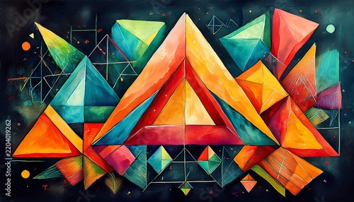 kaleidoscopic watercolor triangles and squares on a chalkboard vibrant angles and abstract math expressions