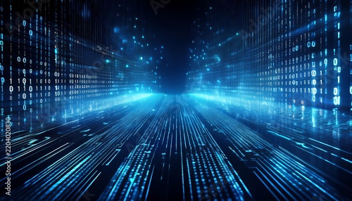 dark blue abstract digital background displaying streams of binary code for technology and cybersecurity themes