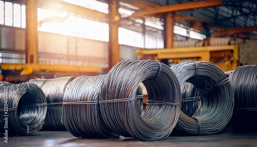 steel wire rope coils in industrial warehouse