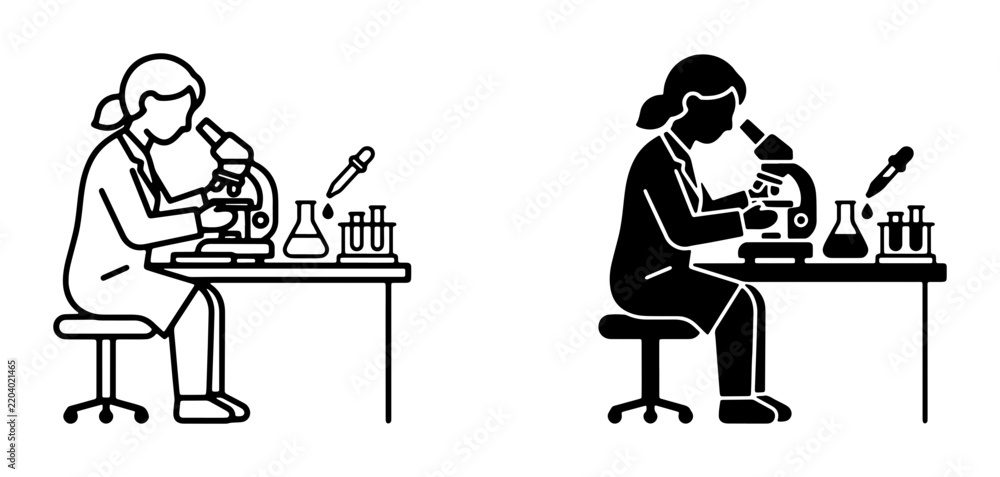 Fototapeta premium Scientist Researching with Microscope, Laboratory Equipment, Science Experiment Icons, Medical Research, Chemistry Lab Vector Set