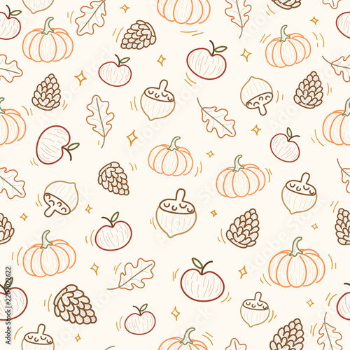 autumn seamless pattern background with hand drawn pumpkin acorn apple pinecone leaf elements in warm colors