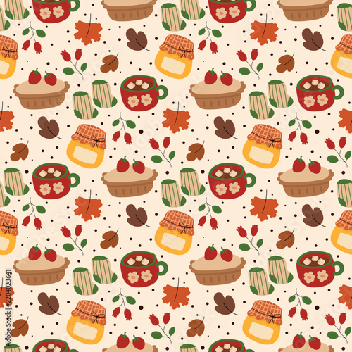 Cozy autumn seamless pattern background with hand drawn pie hot chocolate mug honey jar socks leaf elements