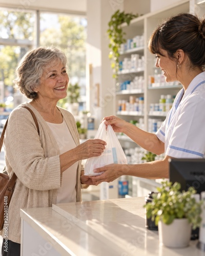 Pharmacist Assisting Customer: A friendly pharmacist, wearing a white coat, hands a shopping bag to a smiling senior woman customer at the counter in a well-stocked pharmacy.