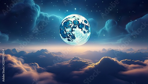 a luminous full moon ascends above a vast expanse of clouds bathed in starlight
