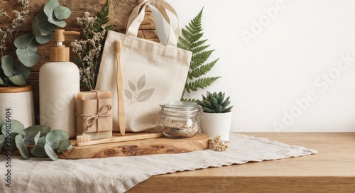 Eco-Friendly Natural Beauty Products and Reusable Tote Bag on Wooden Table for Sustainable Living
