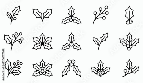 Holly berries vector icons set, Christmas holiday winter plants and foliage outline illustrations