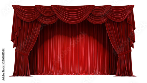 Luxurious red velvet stage curtains with ornate draping, isolated on transparent background