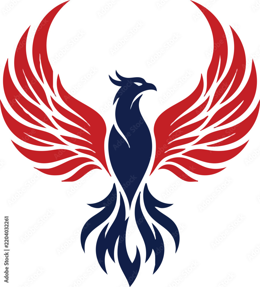 Fototapeta premium A stylized phoenix illustration features red and navy blue coloring