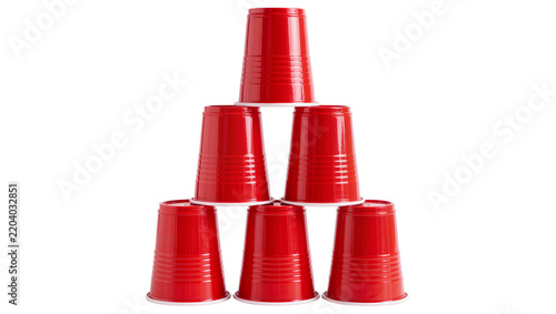 Pyramid of red plastic party cups stacked, isolated on transparent background