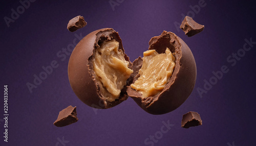 A broken chocolate truffle reveals a soft caramel filling against a dark purple background, with chocolate pieces suspended around it.
