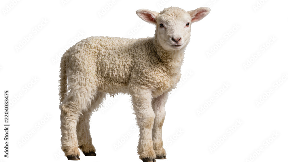 Obraz premium Fluffy white lamb standing, isolated on transparent background