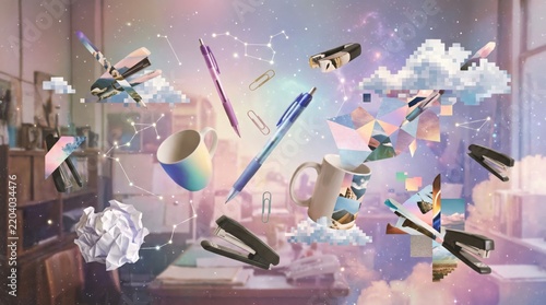 Staplers and office supplies float magically through the air inside a surreal creative workspace.