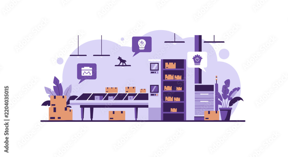 Obraz premium Smart Automated Warehouse and E-commerce Logistics Fulfillment Center Illustration