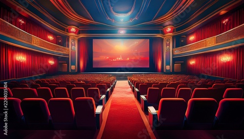 cinema auditorium with screen and red seats