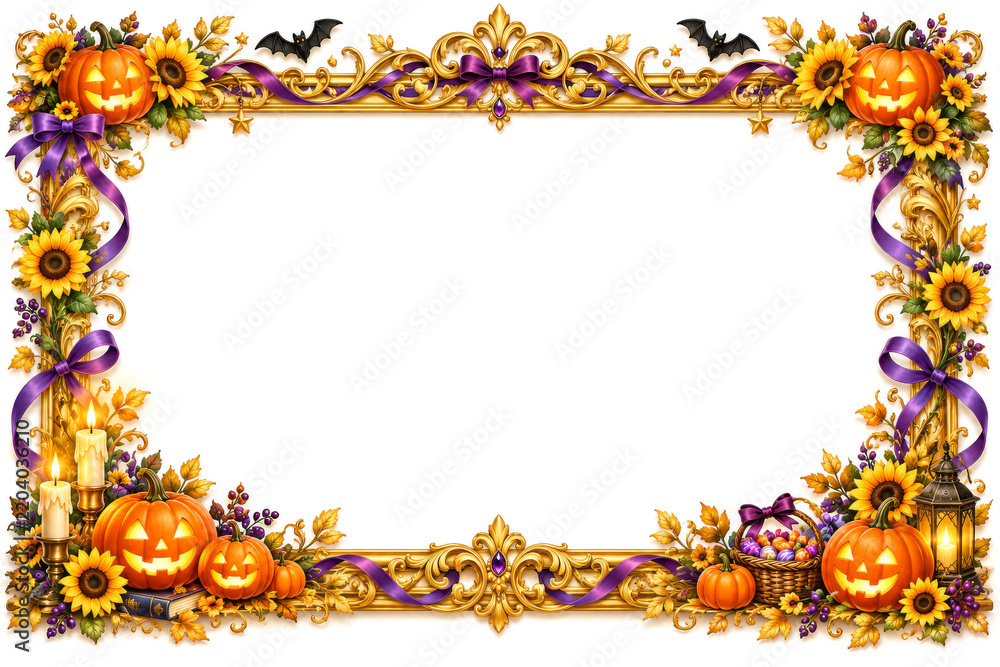 Fototapeta premium Elegant Halloween Royal Border with Ornate Gold Frame and Dark Decorations