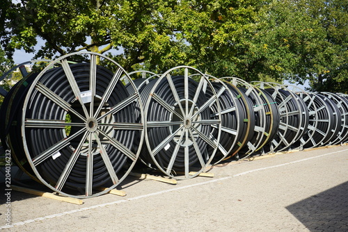 Broadband network deployment in Hannover – Herrenhausen and Stöcken. Fiber-optic cables will subsequently be blown into the protective conduits. Hannover – Stöcken, Germany.