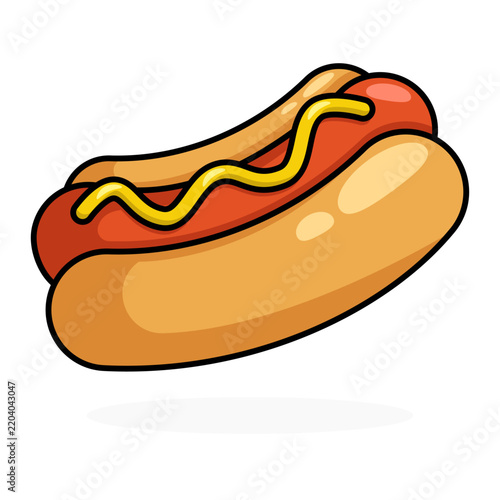 Hot Dog Colored Outline Vector Illustration with Mustard and Ketchup