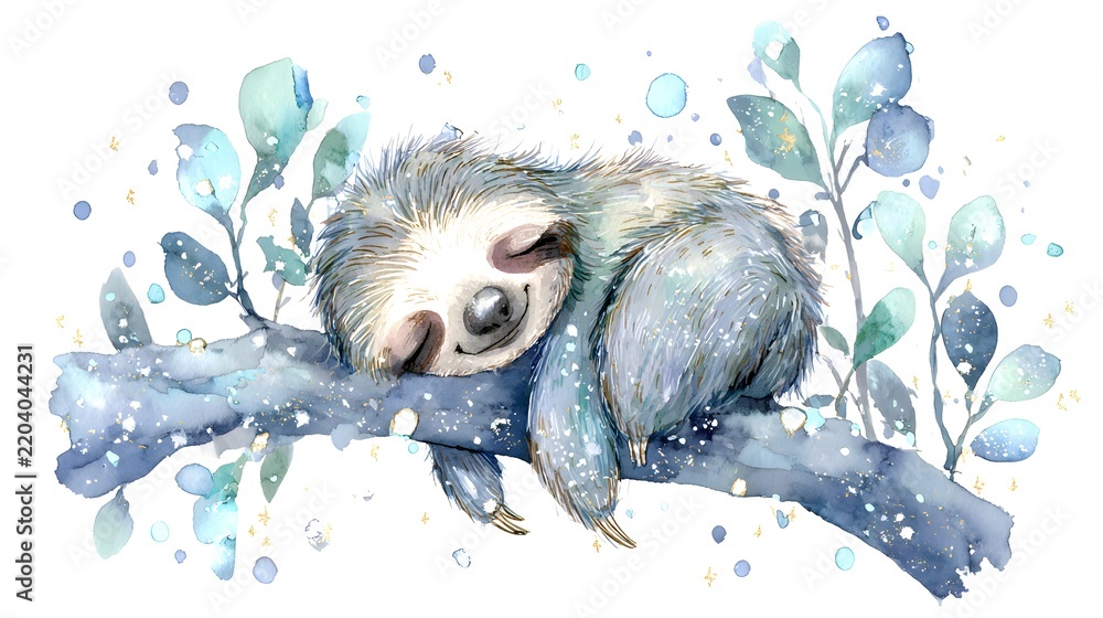Obraz premium Cute baby sloth sleeping on tree branch in watercolor illustration. Sweet wildlife character with green leaves and golden sparkles. Adorable nursery art poster on white background.