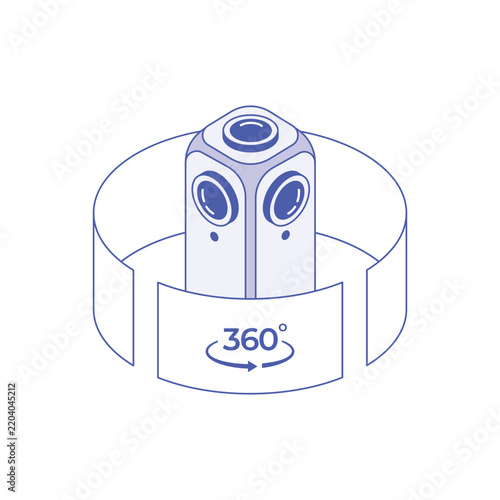 Isometric 360 degree panoramic camera icon with blue outlines