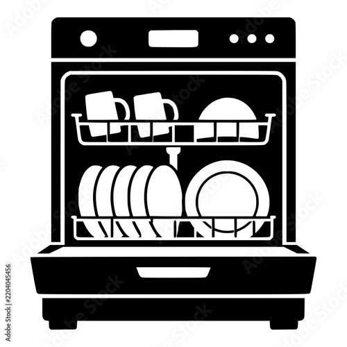 Open dishwasher loaded with plates and mugs, black vector silhouette
