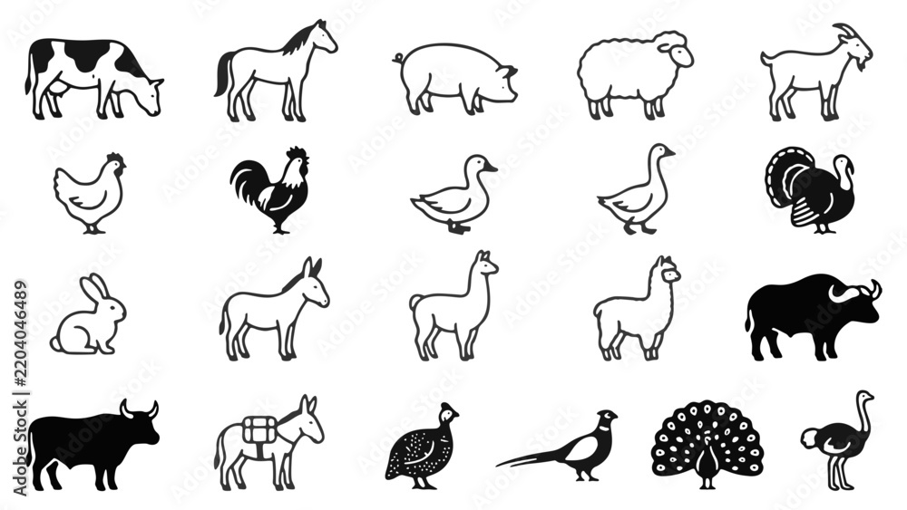 Obraz premium Farm animals vector icons set featuring various livestock species in simple black outline style