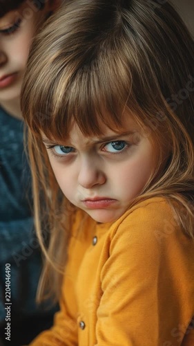 Angry young girl in yellow sweater showing frustration while seated, expressive eyes conveying strong emotion, engaging visual portrayal of childhood emotions captured beautifully.