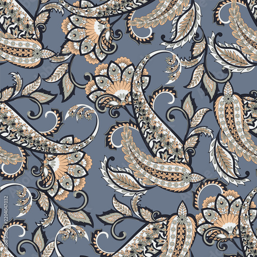 Boho-style vector seamless paisley pattern with flowers, great for fashion, wrapping paper, and home decor.