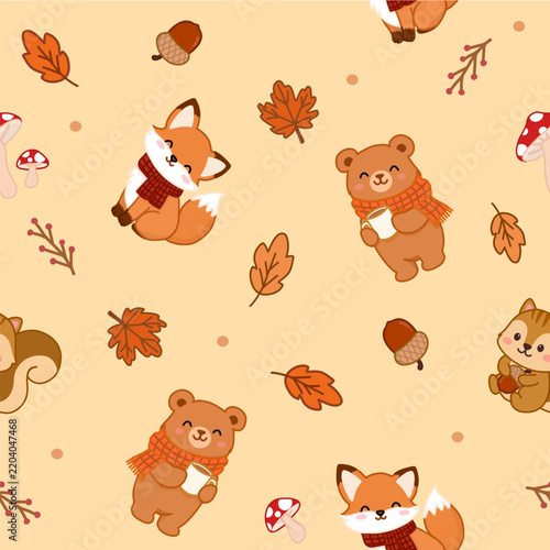 Cute Woodland Animals and Autumn Elements Seamless Pattern