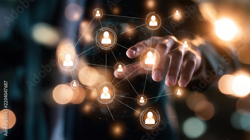 Faceless Figure in Dark Suit Touching Glowing Network Interface of Global Connected People Icons, Soft Bright Bokeh Background, Business Network, Digital Connection, Teamwork, Innovation, Technology, 