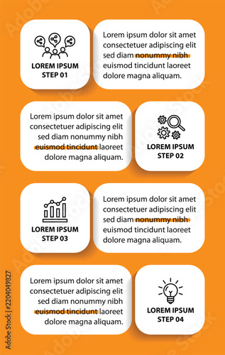 4 steps infographic template with 4 options. Flowchart that can be used for business report, data visualization and presentation. Timeline infographic elements vector illustration.