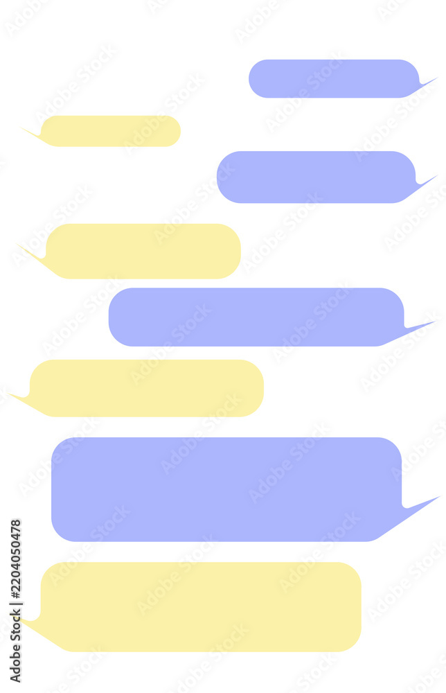 Fototapeta premium Ten alternating speech bubbles in light yellow and periwinkle purple on a white background, arranged like an instant messaging chat thread.