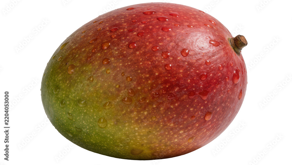 Obraz premium Ripe red and green mango with water droplets, isolated on transparent background