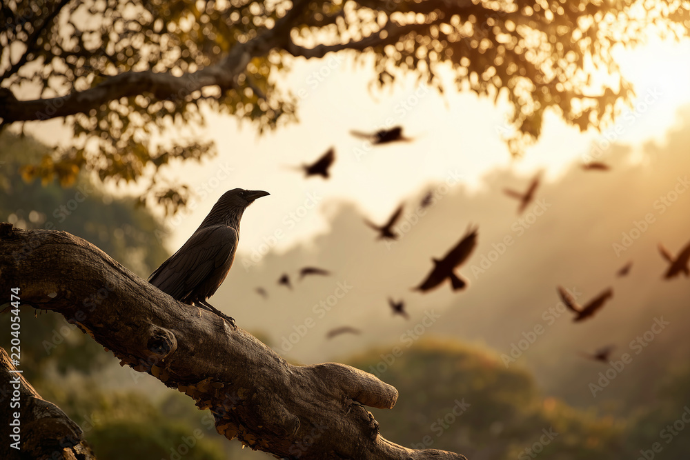 Fototapeta premium Crow perched on a branch with flying birds during golden hour