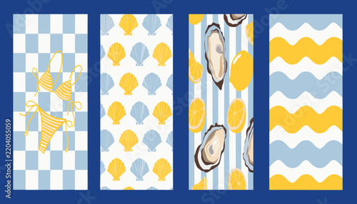 Seashell citrus and gingham patterns showcase a coastal vector illustration style