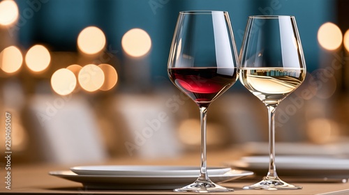 Elegant wine glasses showcasing red and white wine in an upscale dining setting.