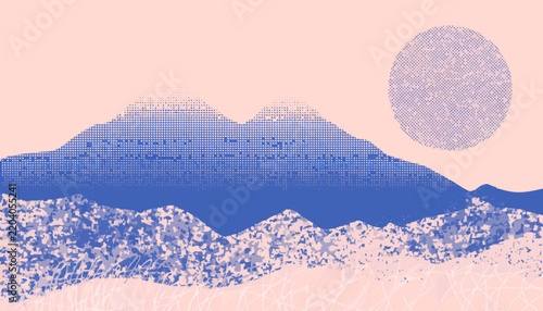 Abstract landscape illustration features blue mountains and a pink circular sun