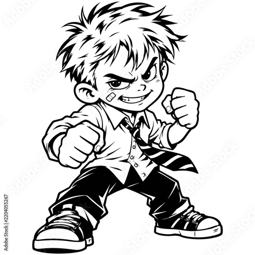 Fighting boy black and white vector cartoon illustration