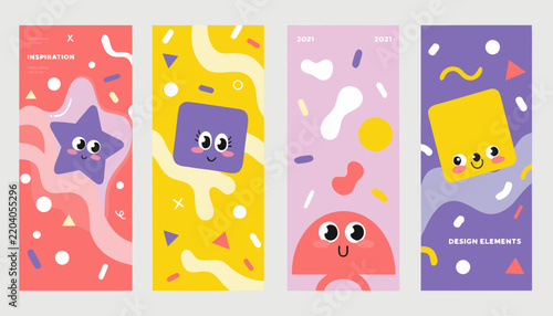 Colorful geometric shapes with faces form a playful vector illustration set