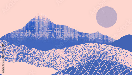 Abstract landscape illustration with dotted mountains and circular sun on pink background