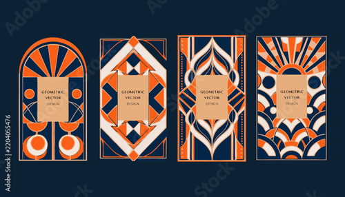 Geometric vector designs showcase art deco patterns with orange and navy hues