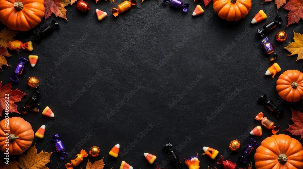 Fototapeta premium Halloween Background with Orange Pumpkins, Candy Corn, Colorful Sweets and Autumn Leaves on Black Background with Copy Space
