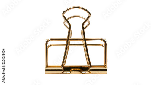 Shiny gold binder clip holding papers together, isolated on transparent background