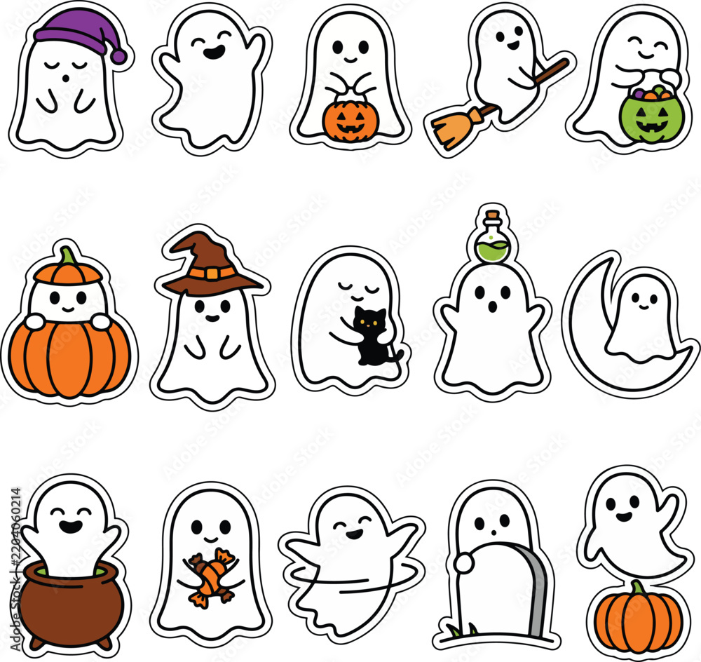Fototapeta premium Collection of cartoon ghosts pumpkins and halloween objects in a colorful vector illustration witch hat,Collection of cartoon ghosts with halloween props in a colorful vector illustration spooky cute 