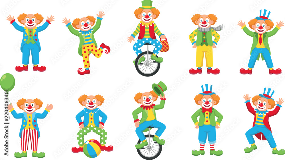Obraz premium Funny cartoon circus clown characters set performing tricks riding unicycle balancing on ball holding balloon isolated on white background