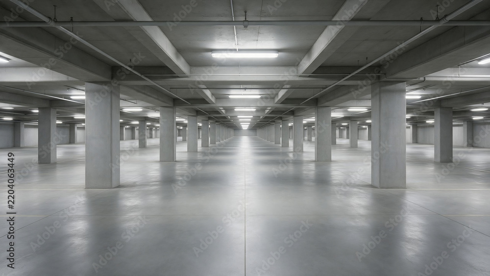 Obraz premium Spacious empty underground parking garage interior with polished concrete floor, bright ceiling lights, structural columns, and symmetrical perspective in a modern commercial building background