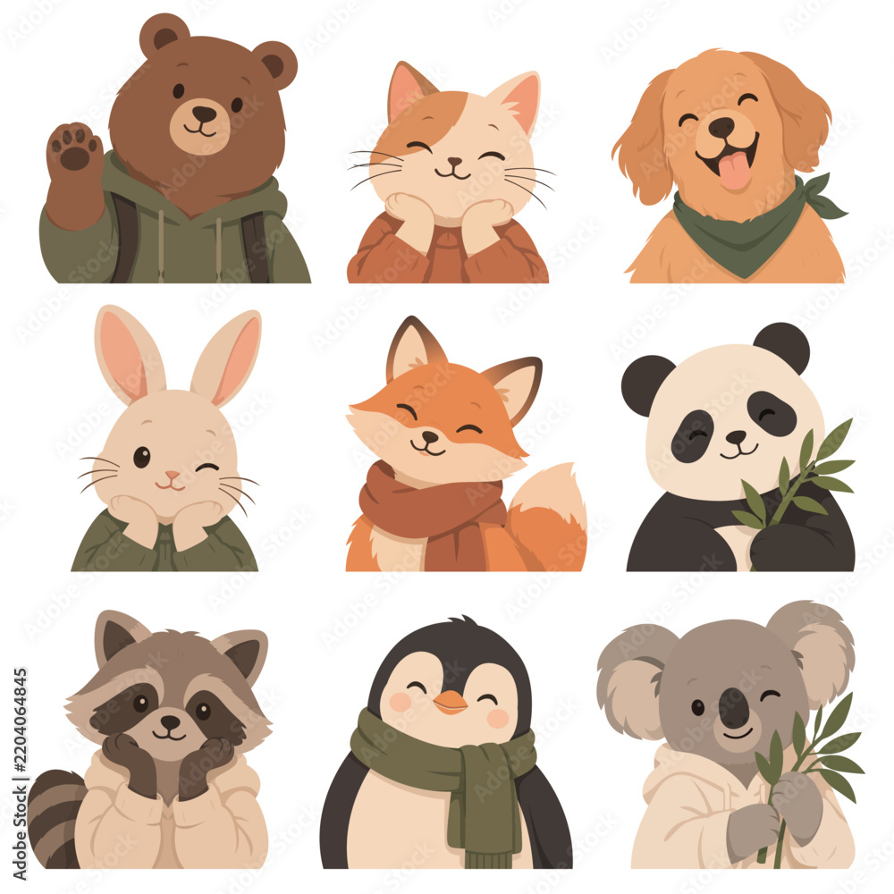 Fototapeta premium Cute Animal Character Pack – 9 Flat Vector Illustrations