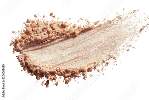 Luminous bronzed highlighter swatch isolated on transparent background. Footprint in brown dirt with scattered debris isolated on white background.