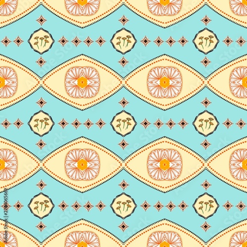 Seamless Vintage Floral Geometric Pattern in Turquoise and Cream